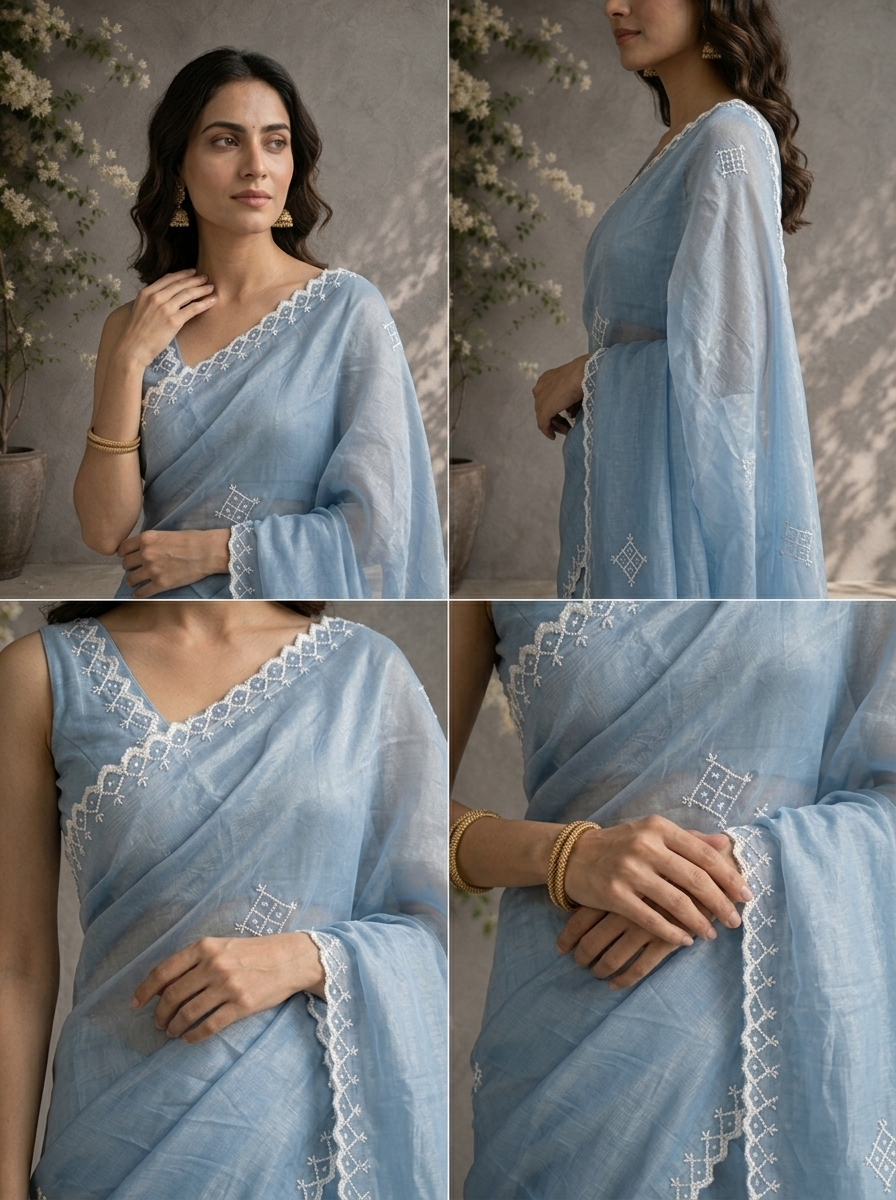 Grey Organza Geometric Thread Embroidered Saree