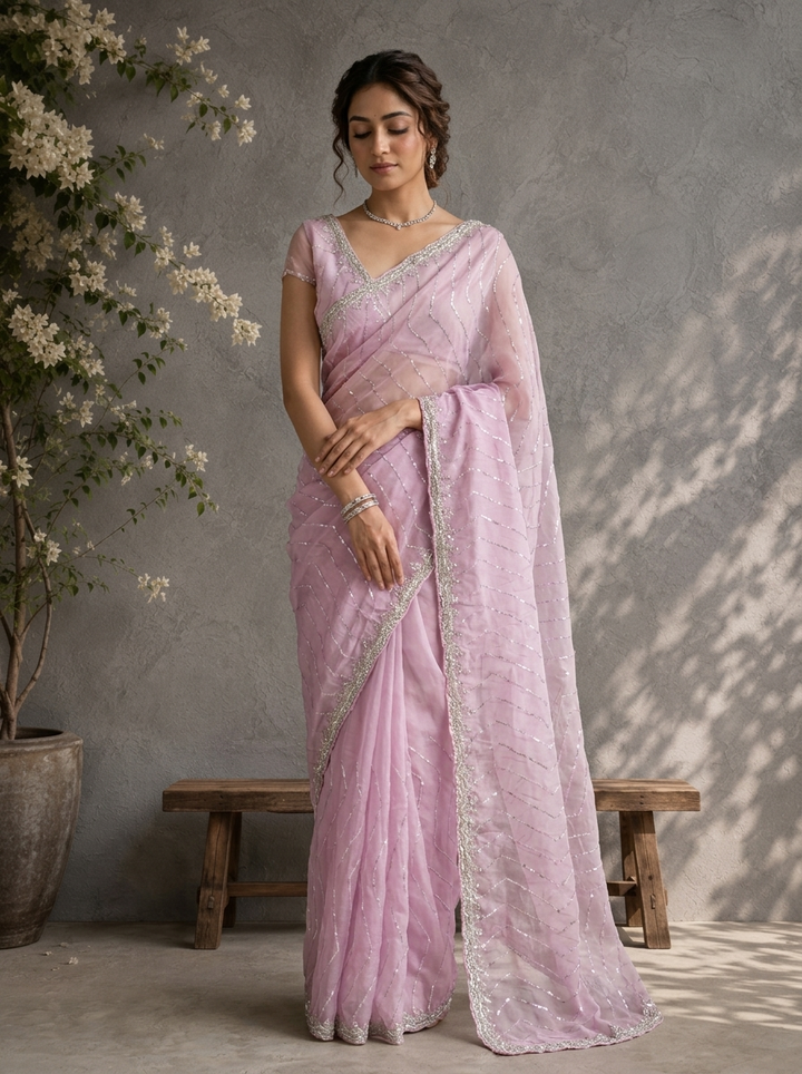 Purple Organza Sequin Embroidered Saree