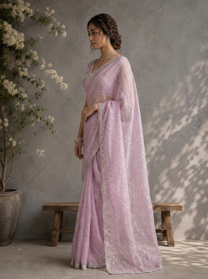 Purple Organza Sequin Embroidered Saree