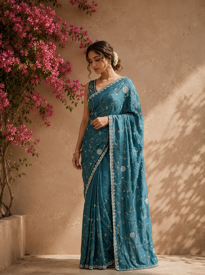 Peacock Organza Jaali Vine Embroidered Saree