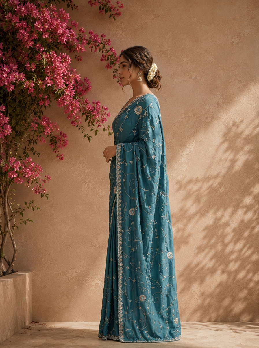 Peacock Organza Jaali Vine Embroidered Saree