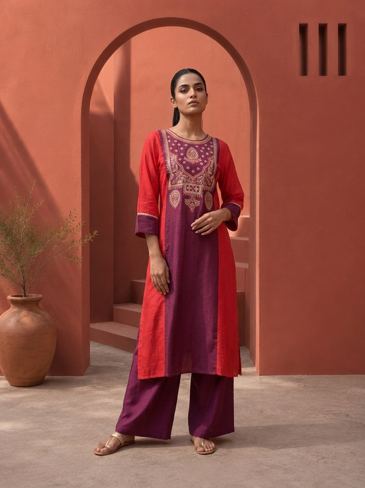 Rani Silk Solid With Color Block Embroidered Two Piece Set