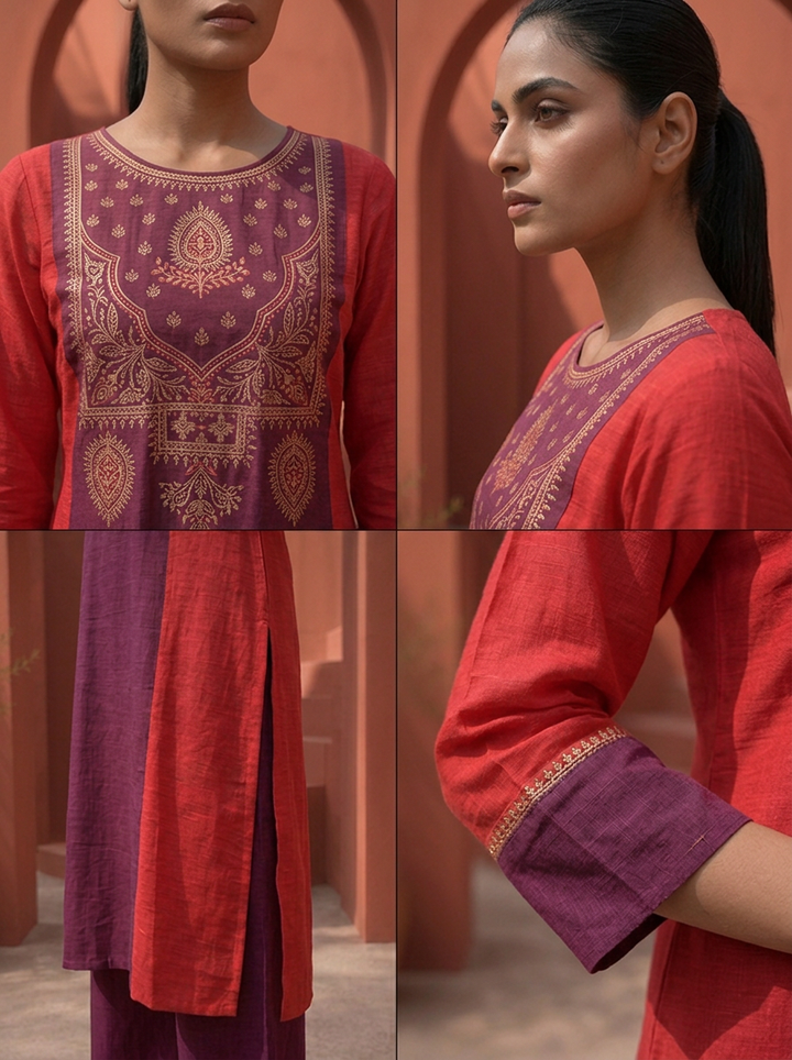 Rani Silk Solid With Color Block Embroidered Two Piece Set
