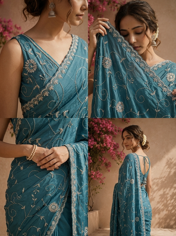 Peacock Organza Jaali Vine Embroidered Saree