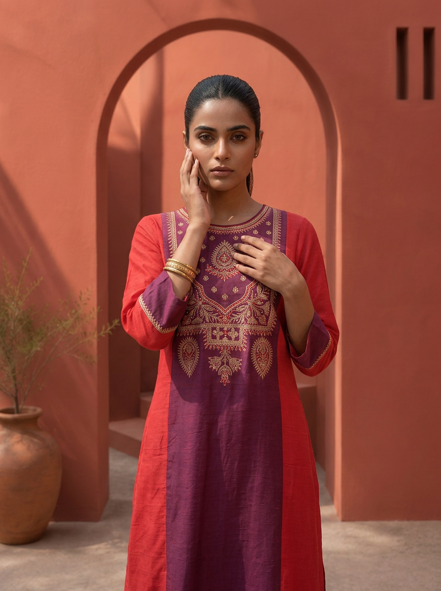 Rani Silk Solid With Color Block Embroidered Two Piece Set