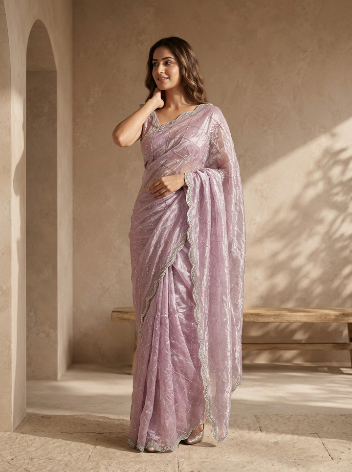 Purple Organza Checkered Sequin Jaal Embroidered Saree