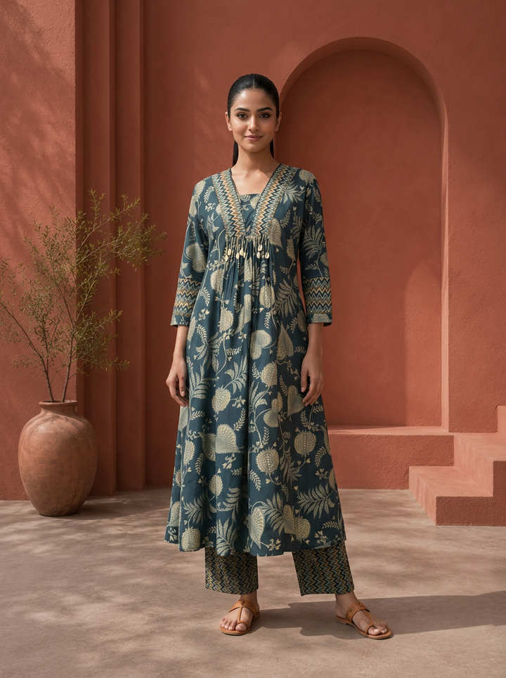 Navy Blue Rayon Bagh Botanical Printed Two Piece Set