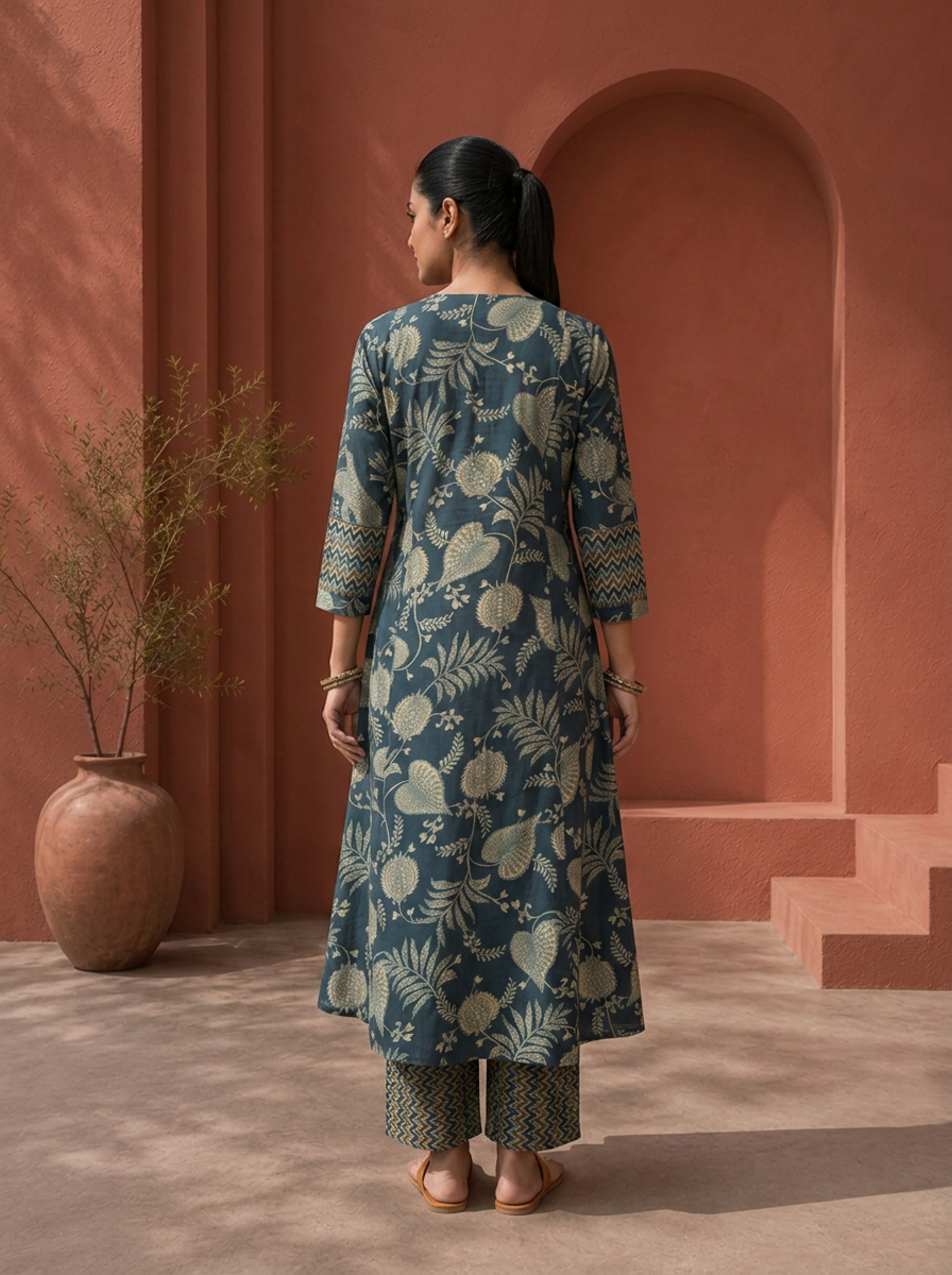 Navy Blue Rayon Bagh Botanical Printed Two Piece Set