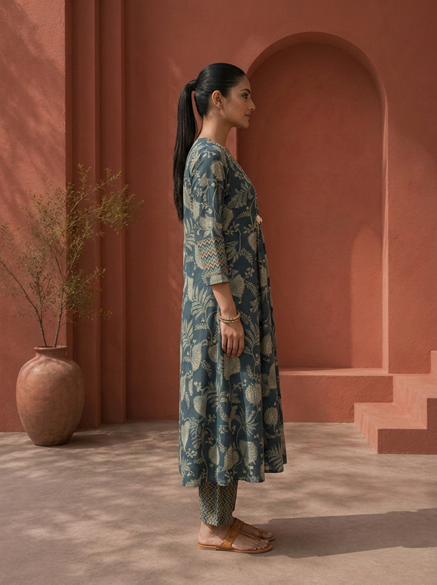 Navy Blue Rayon Bagh Botanical Printed Two Piece Set