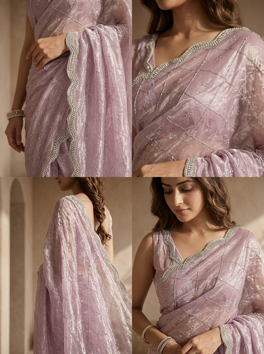 Purple Organza Checkered Sequin Jaal Embroidered Saree
