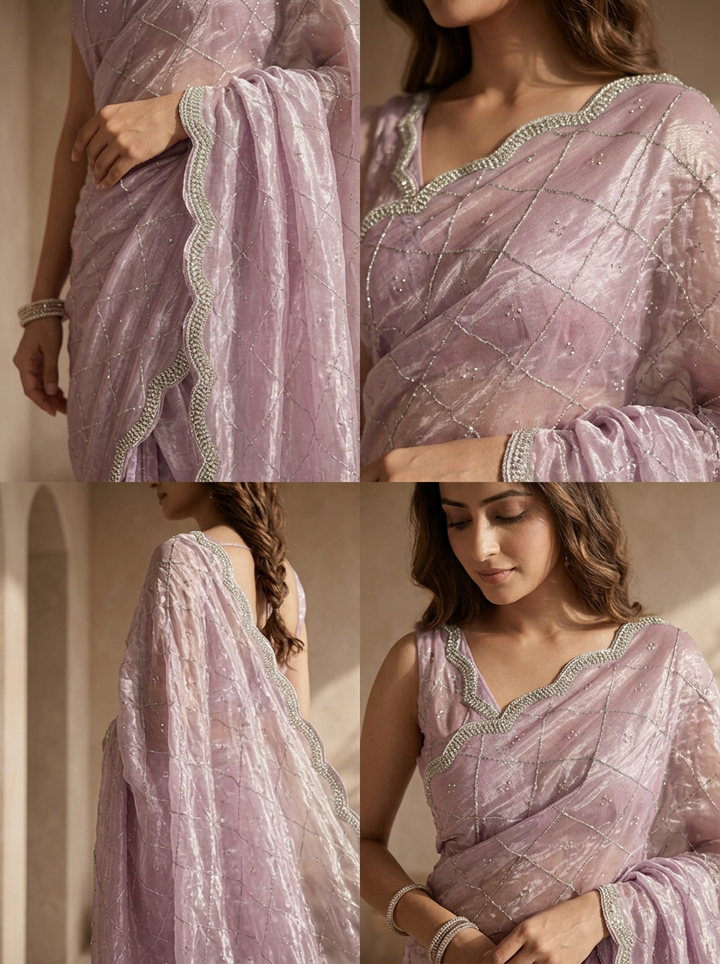 Purple Organza Checkered Sequin Jaal Embroidered Saree