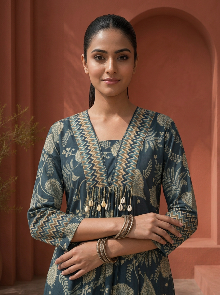 Navy Blue Rayon Bagh Botanical Printed Two Piece Set