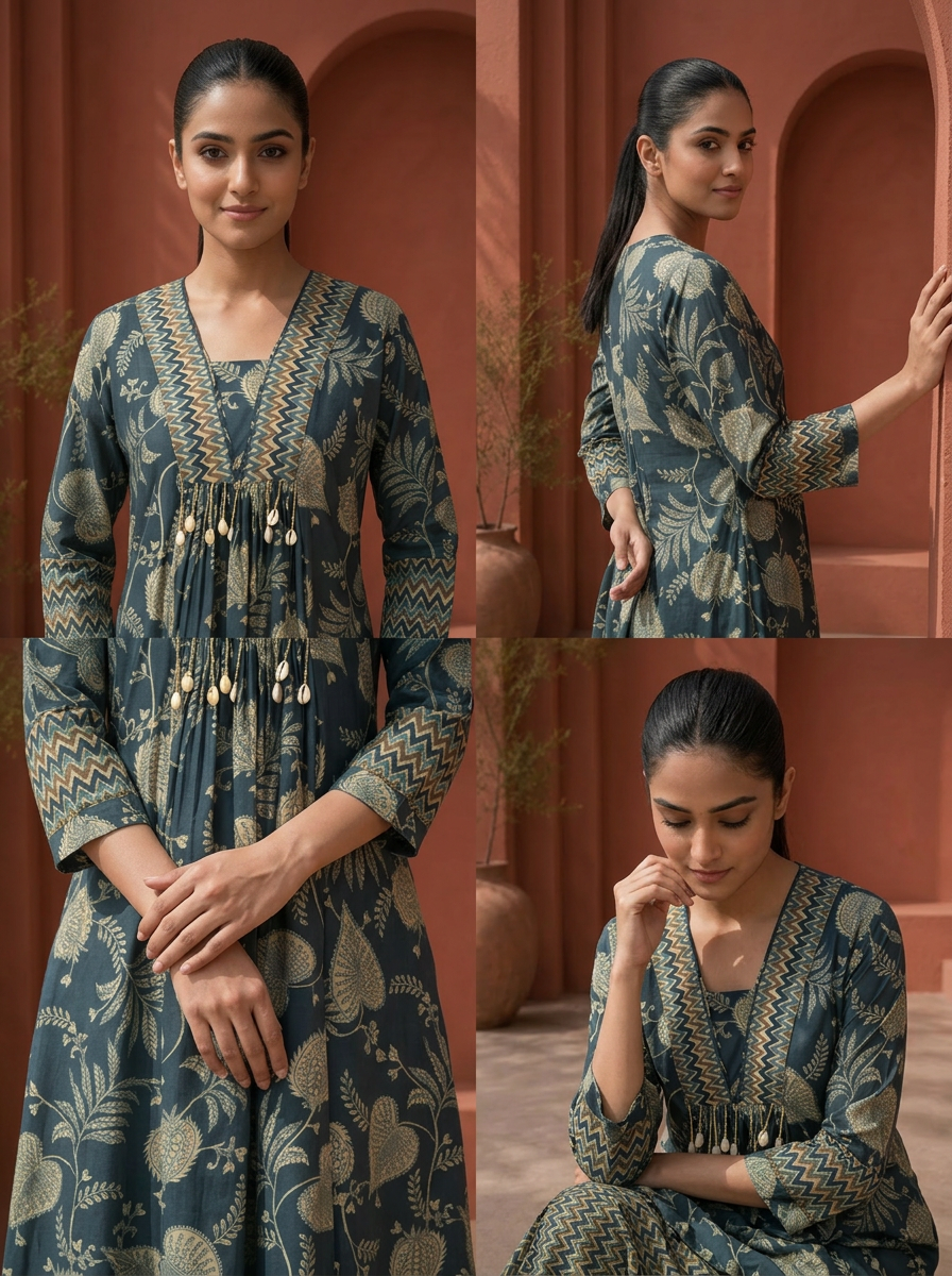 Navy Blue Rayon Bagh Botanical Printed Two Piece Set