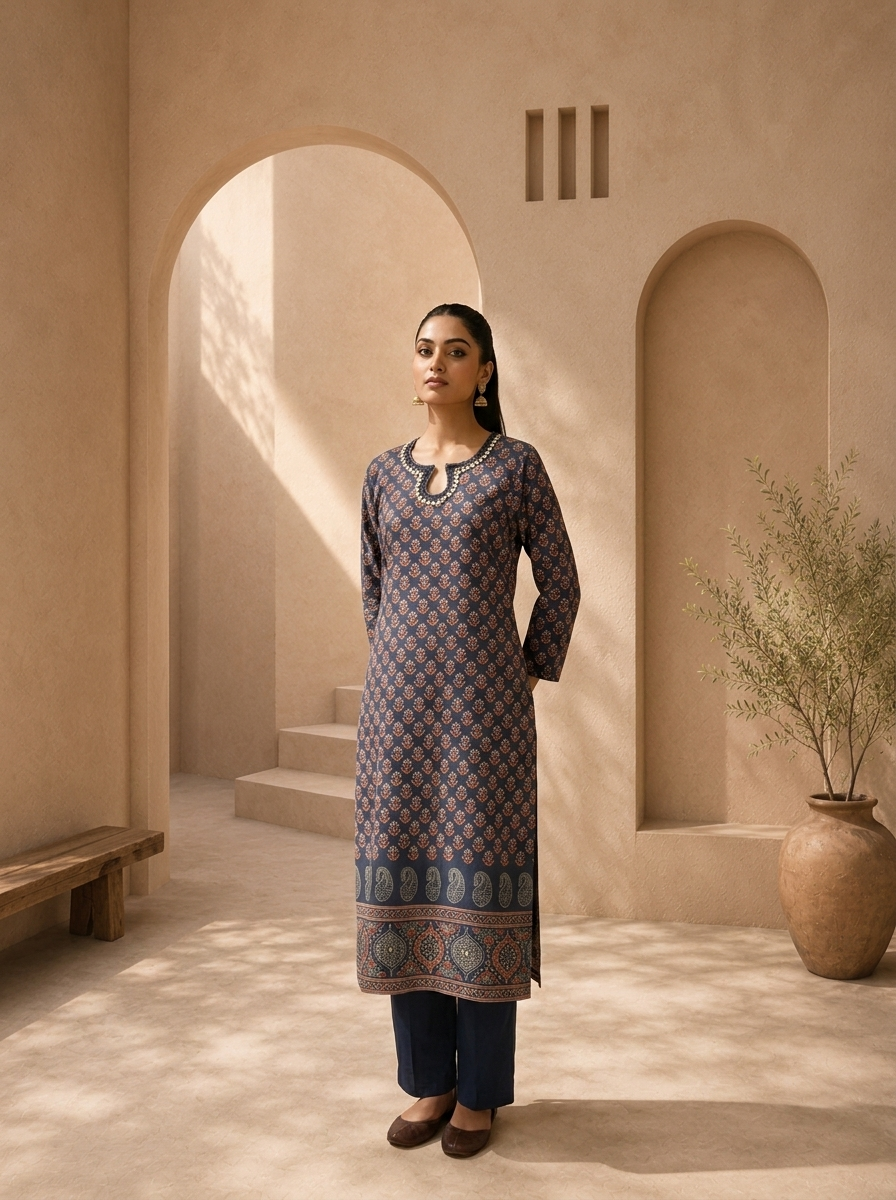 Navy Blue Cotton Ajrakh Printed Two Piece Set