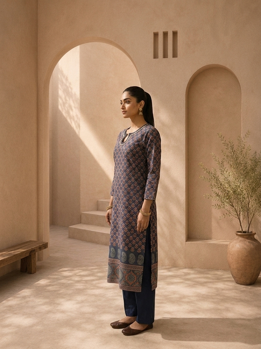 Navy Blue Cotton Ajrakh Printed Two Piece Set
