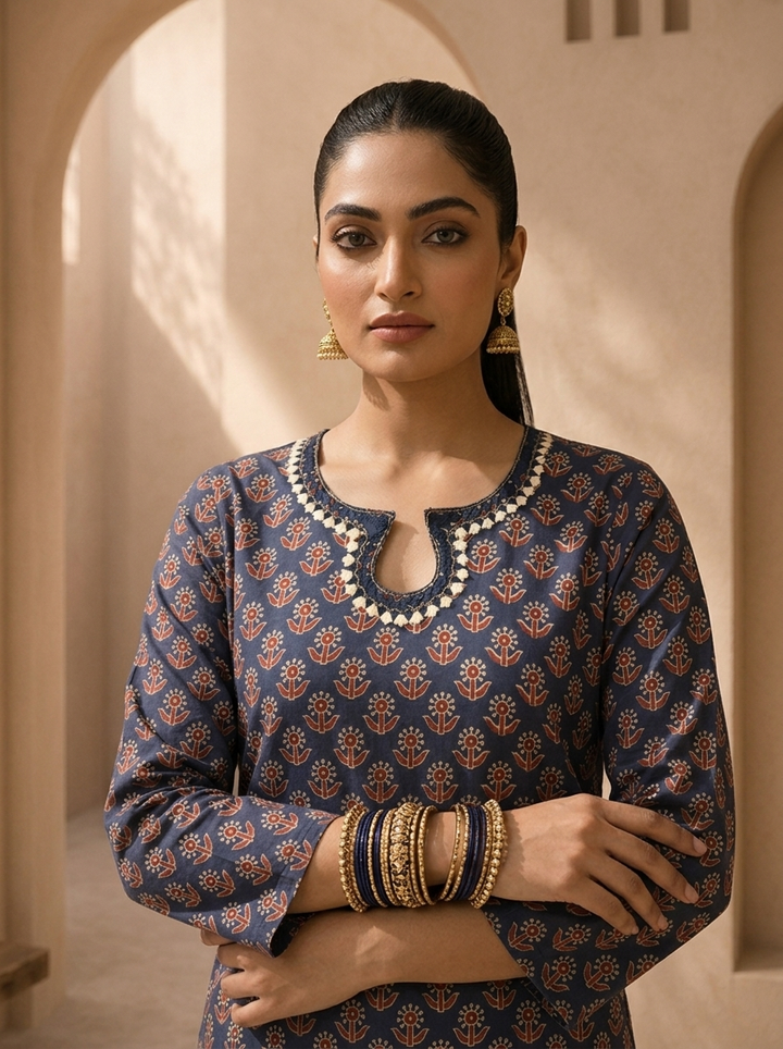 Navy Blue Cotton Ajrakh Printed Two Piece Set