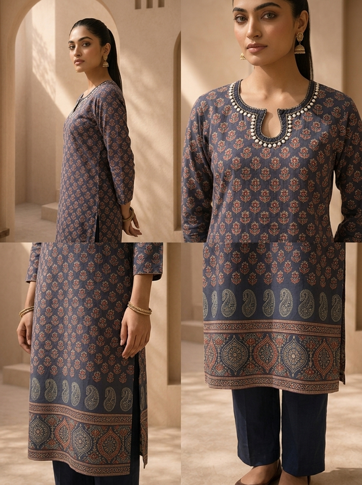 Navy Blue Cotton Ajrakh Printed Two Piece Set
