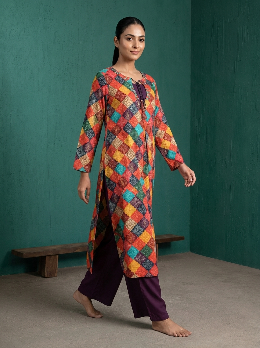 Multicolor Rayon Geometric Diamond Patchwork Printed Two Piece Set