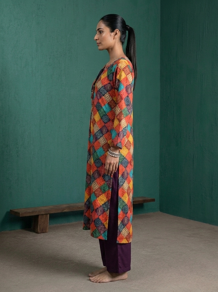 Multicolor Rayon Geometric Diamond Patchwork Printed Two Piece Set