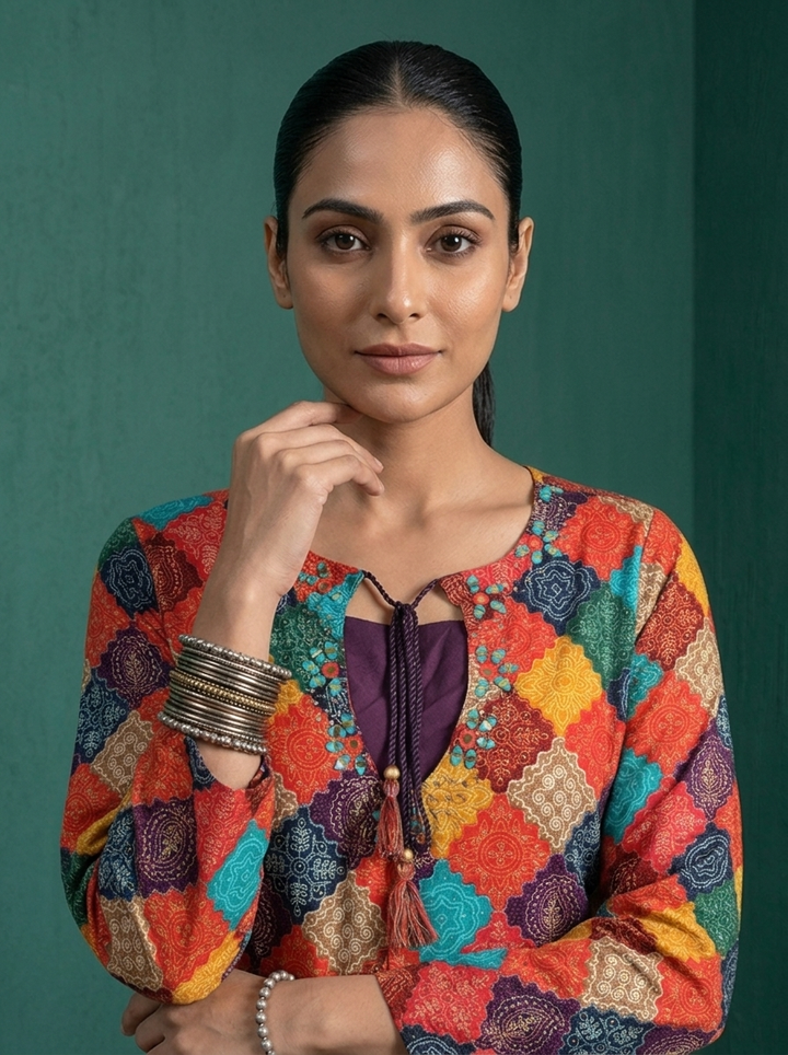 Multicolor Rayon Geometric Diamond Patchwork Printed Two Piece Set