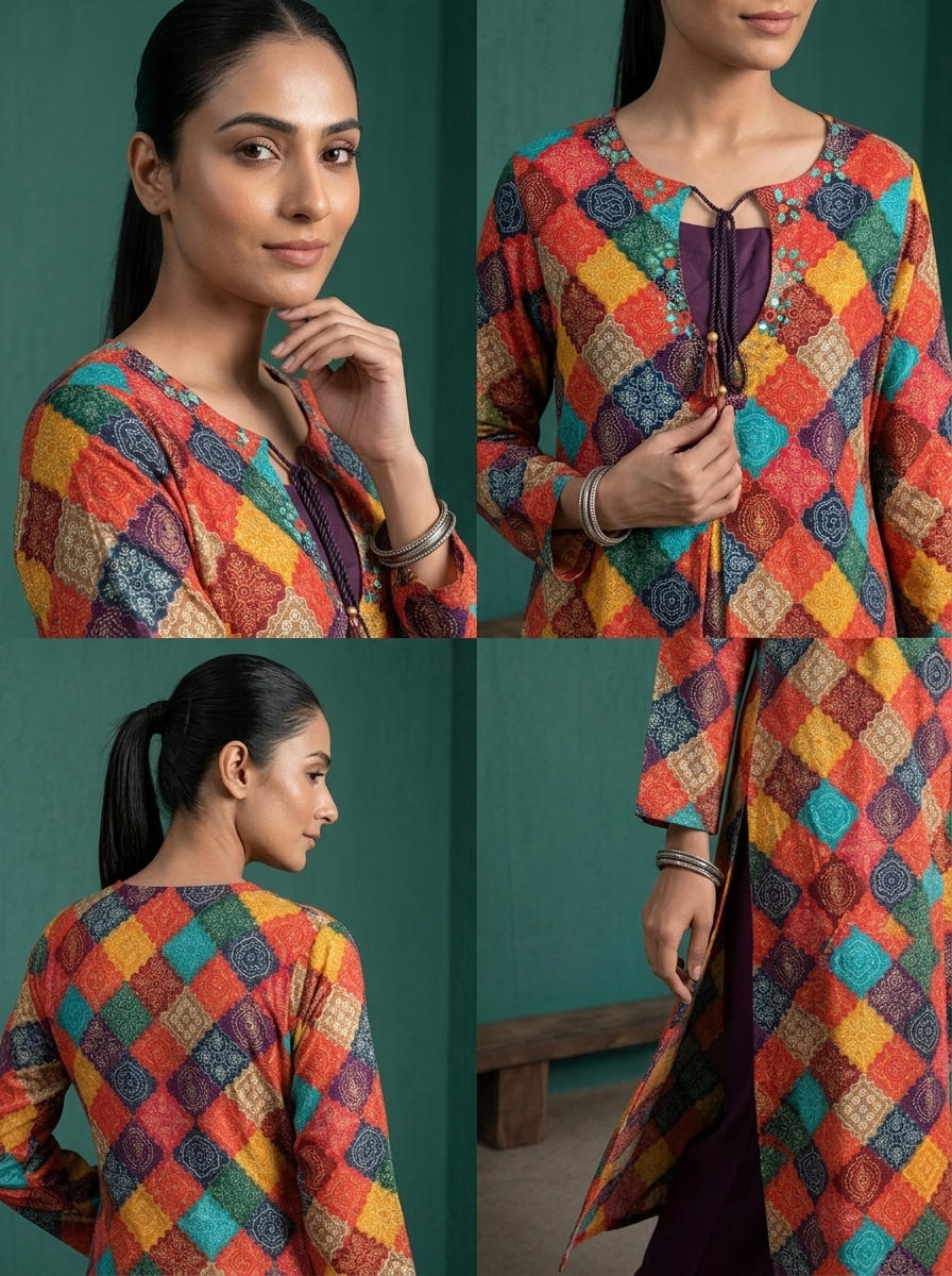 Multicolor Rayon Geometric Diamond Patchwork Printed Two Piece Set