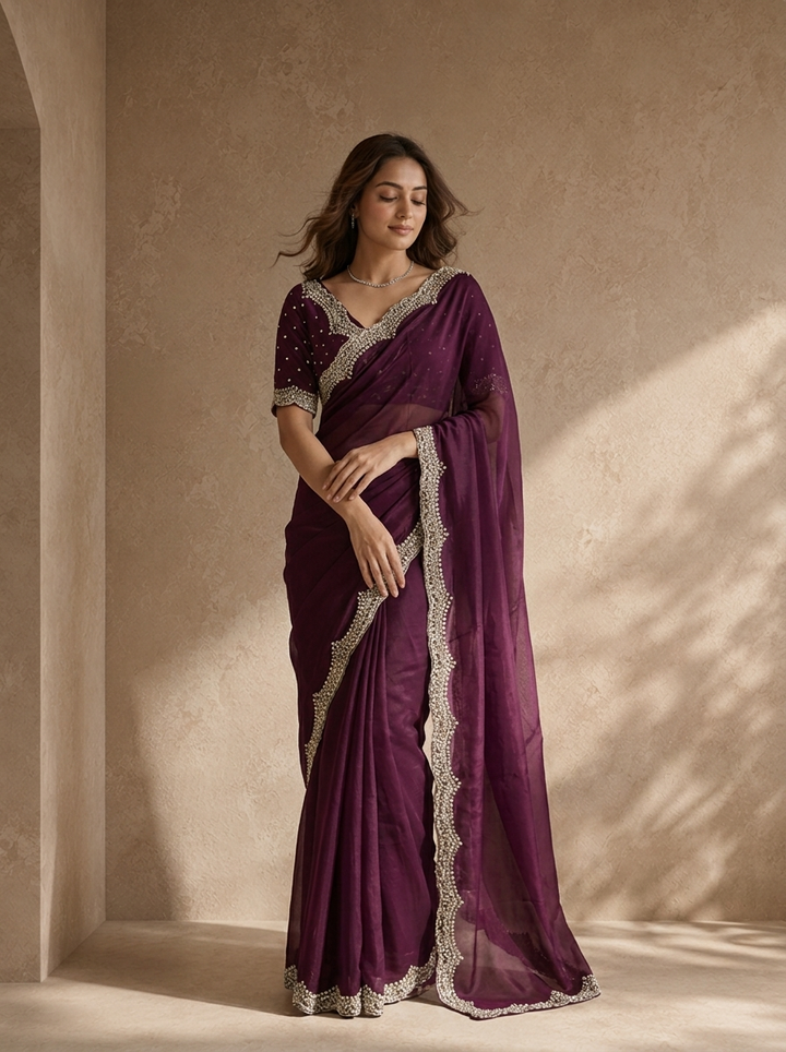 Wine Organza Solid Saree With Heavy Scallop Stone And Bead Embroidered Border