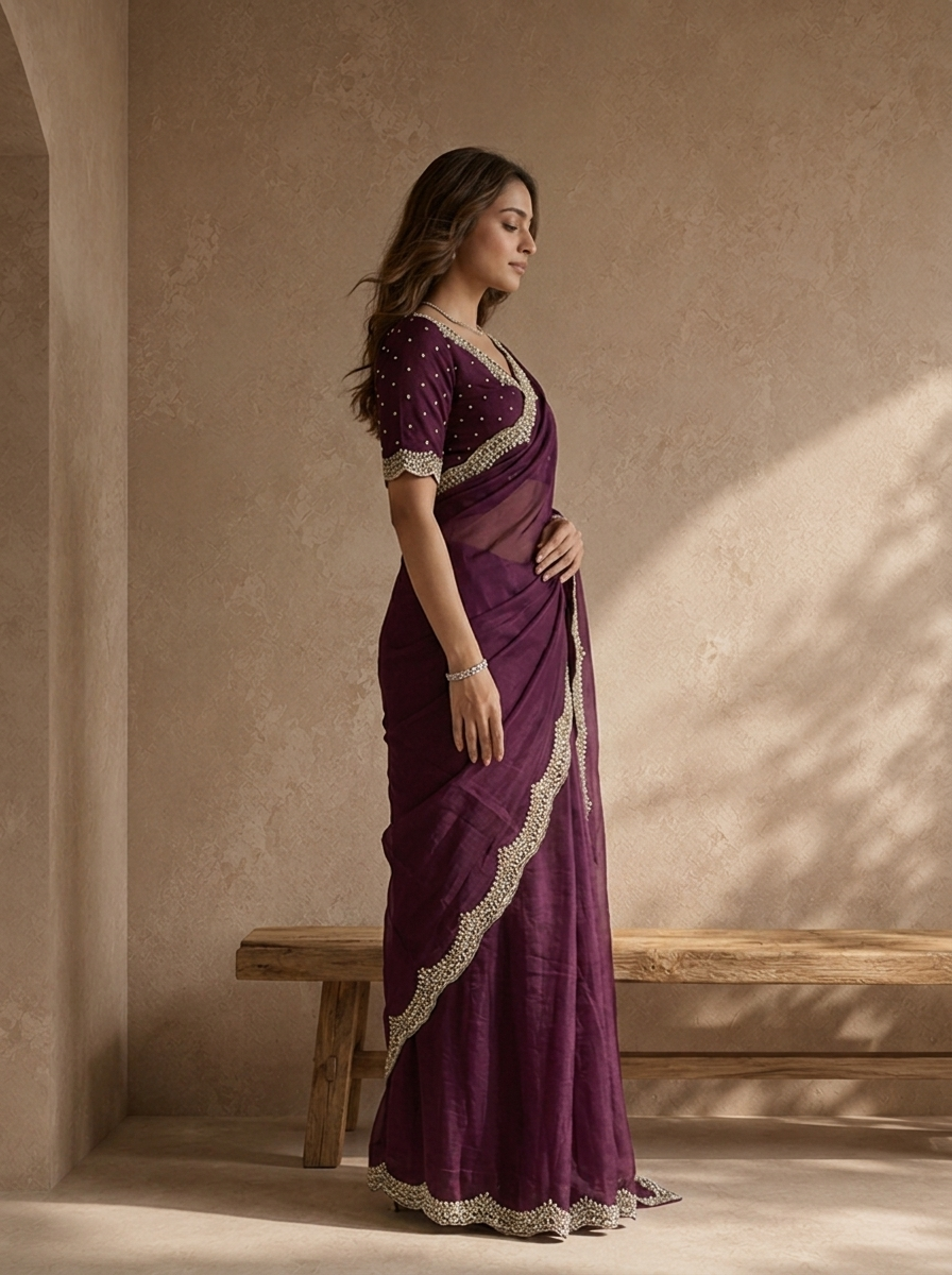 Wine Organza Solid Saree With Heavy Scallop Stone And Bead Embroidered Border