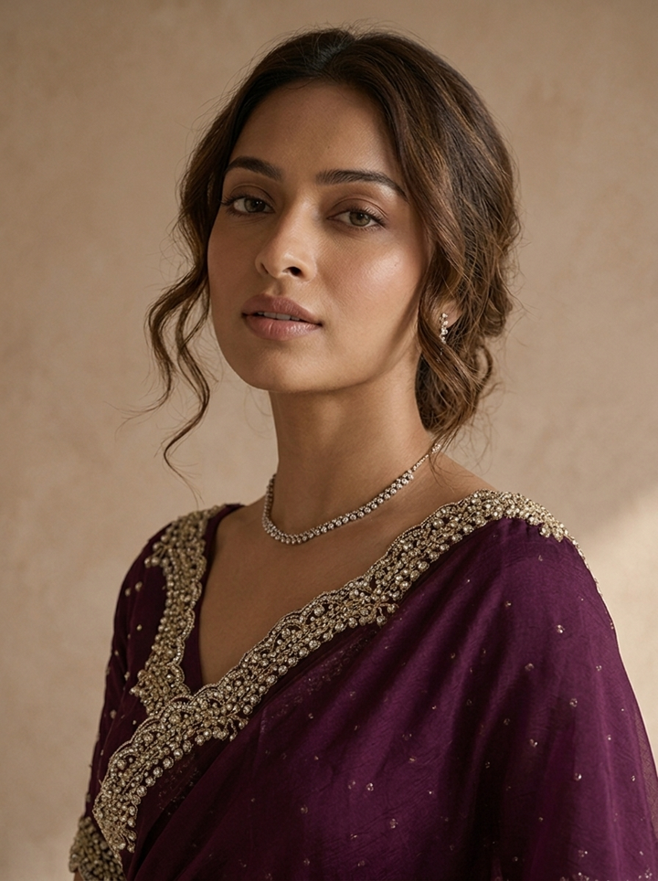 Wine Organza Solid Saree With Heavy Scallop Stone And Bead Embroidered Border