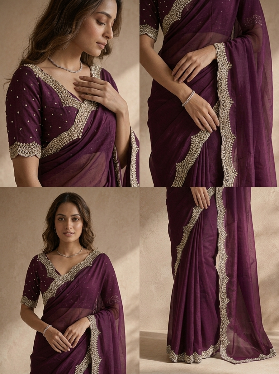 Wine Organza Solid Saree With Heavy Scallop Stone And Bead Embroidered Border