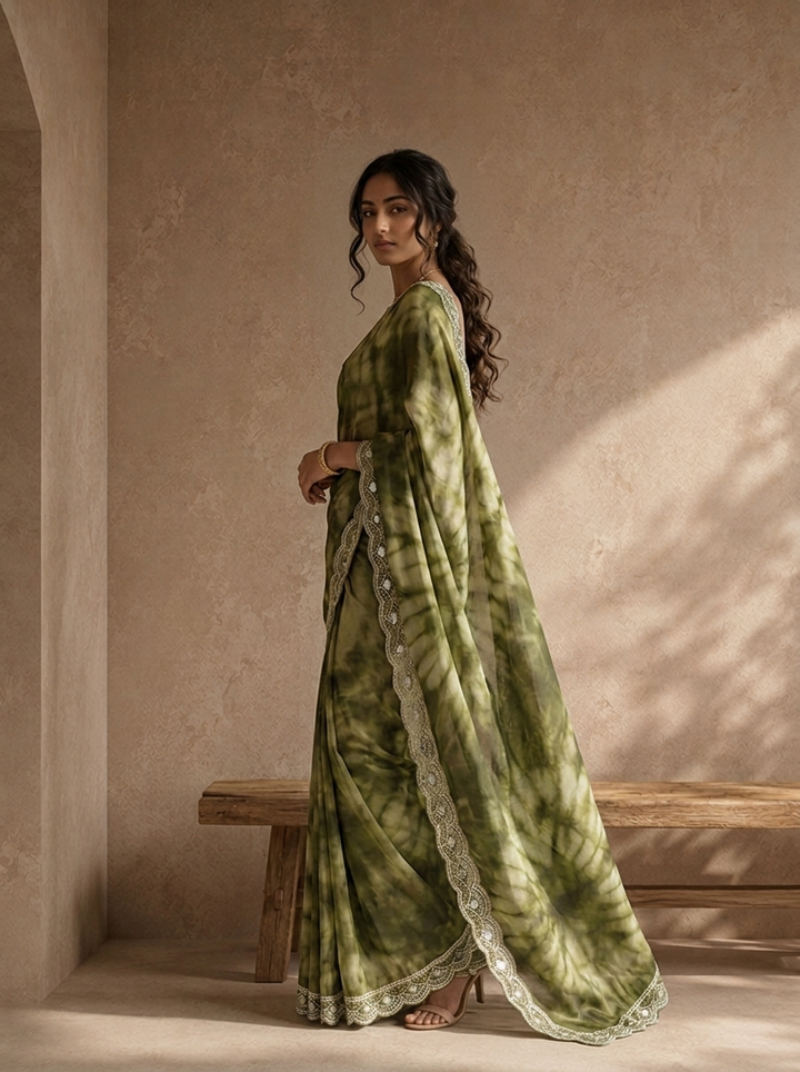 Mehadi Green Organza Tie-Dye Saree With Scallop Stone Embroidered Border