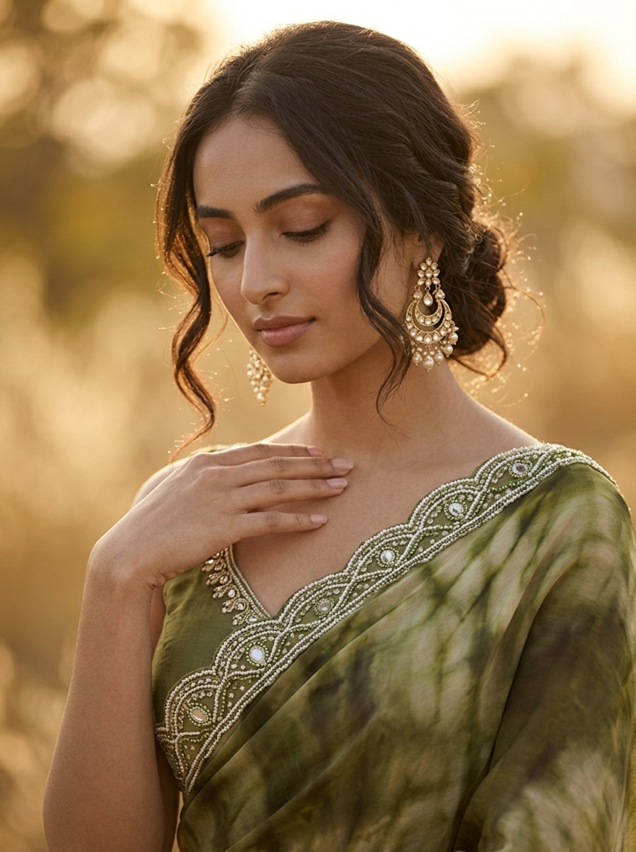 Mehadi Green Organza Tie-Dye Saree With Scallop Stone Embroidered Border