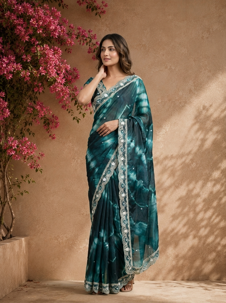 Peacock Organza Tie-Dye Saree With Scallop Stone Embroidered Border