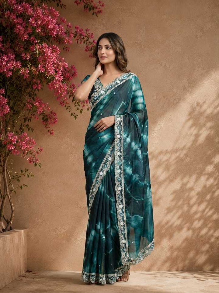 Peacock Organza Tie-Dye Saree With Scallop Stone Embroidered Border