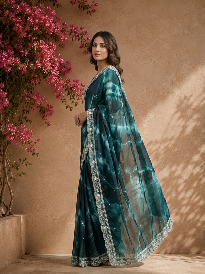 Peacock Organza Tie-Dye Saree With Scallop Stone Embroidered Border