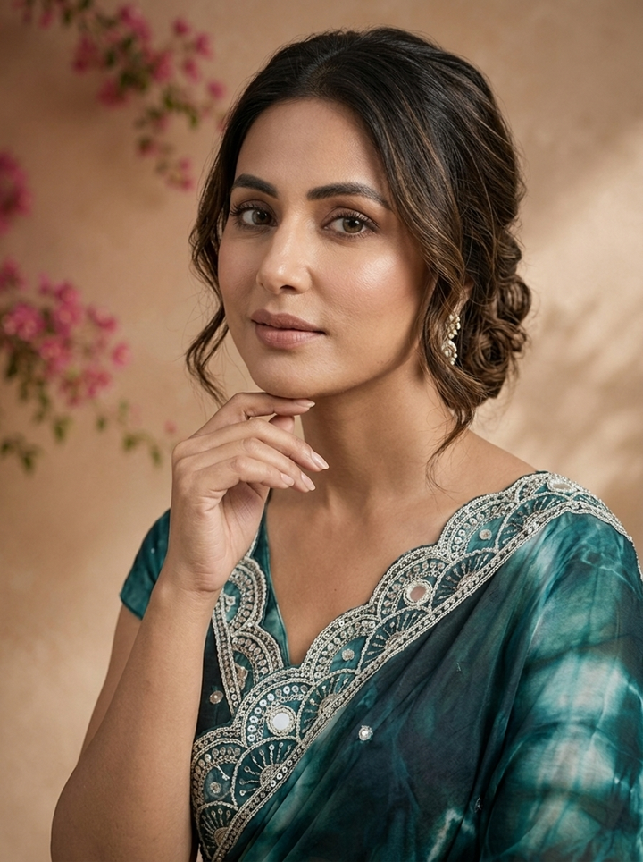 Peacock Organza Tie-Dye Saree With Scallop Stone Embroidered Border