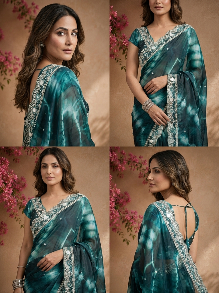 Peacock Organza Tie-Dye Saree With Scallop Stone Embroidered Border