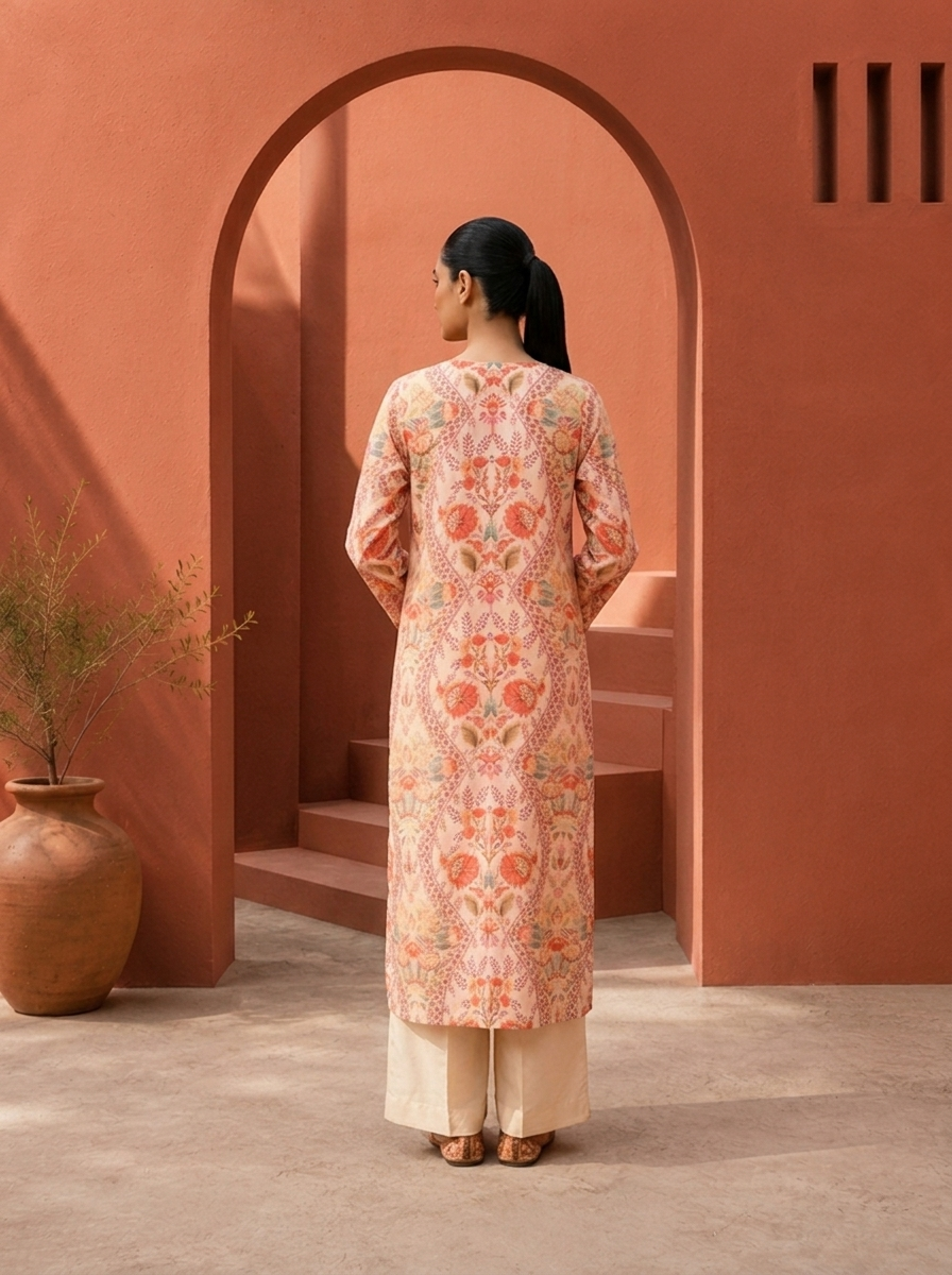 Cream Muslin Digital Mughal Floral Jaali Printed Two Piece Set