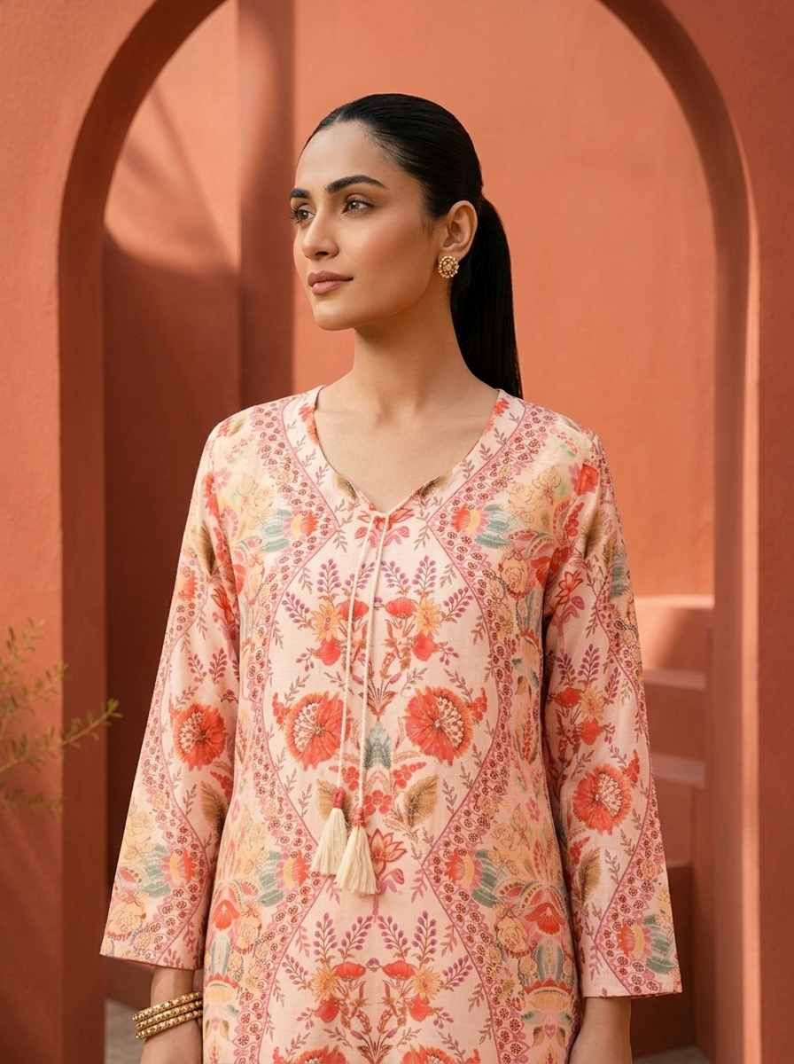 Cream Muslin Digital Mughal Floral Jaali Printed Two Piece Set