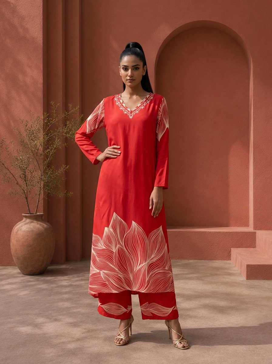 Red Rayon Leaf Panel Printed Two Piece Set