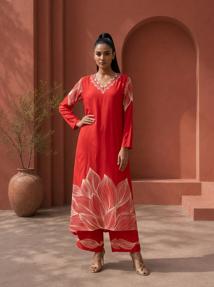 Red Rayon Leaf Panel Printed Two Piece Set
