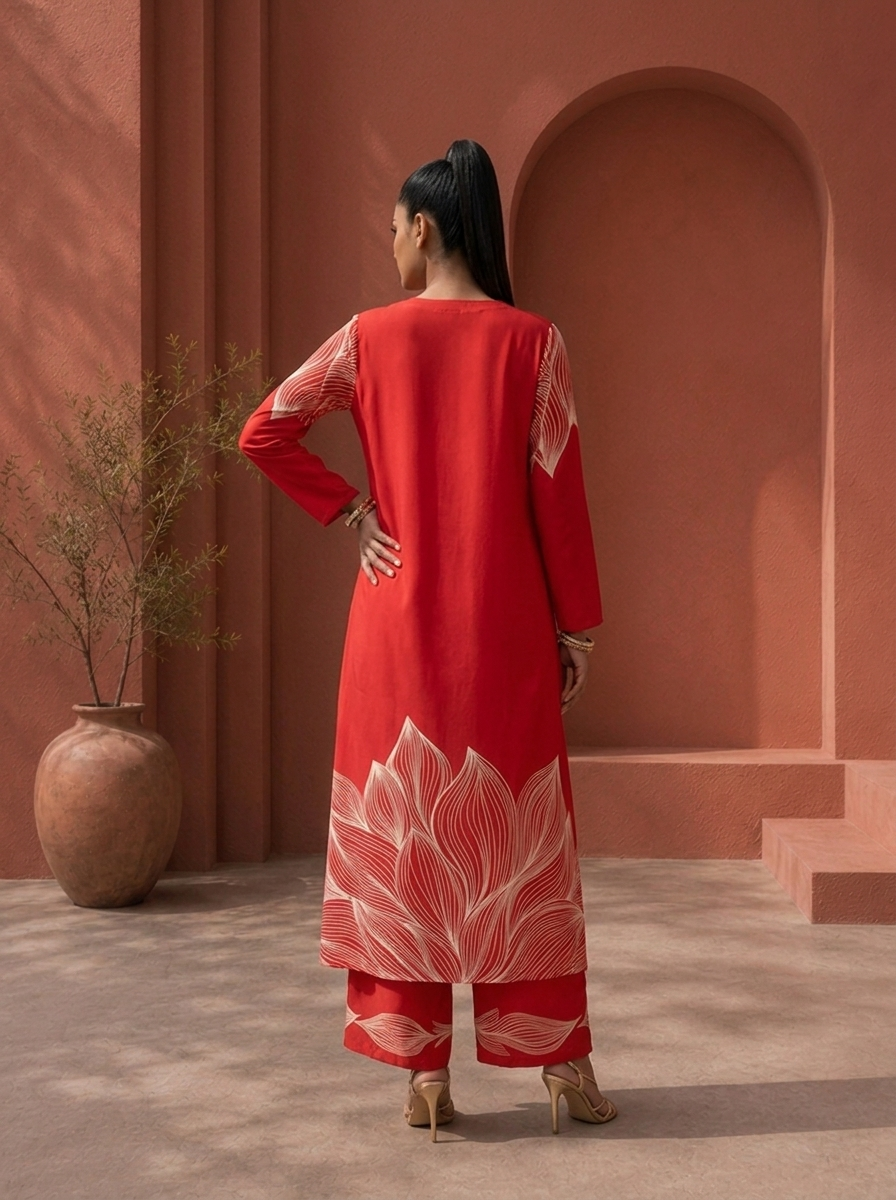 Red Rayon Leaf Panel Printed Two Piece Set