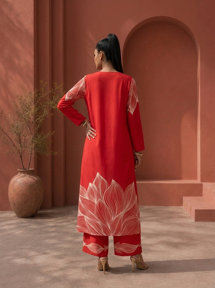 Red Rayon Leaf Panel Printed Two Piece Set