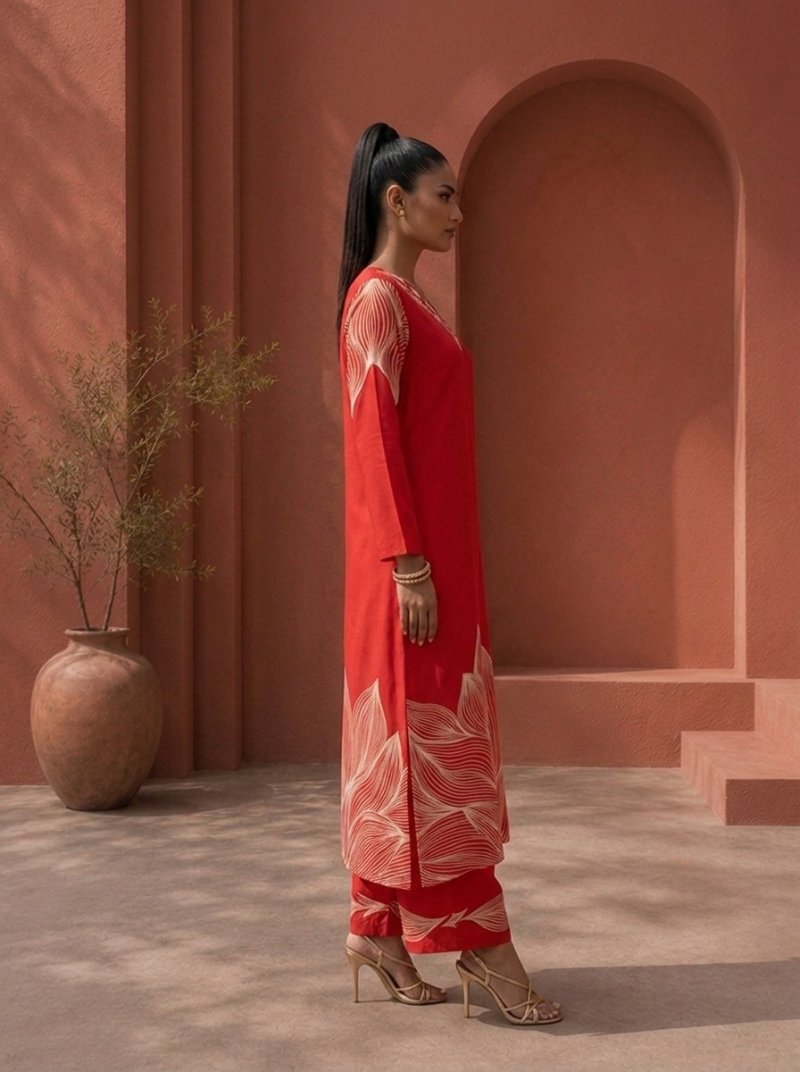 Red Rayon Leaf Panel Printed Two Piece Set