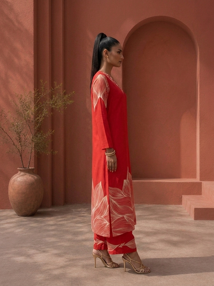 Red Rayon Leaf Panel Printed Two Piece Set