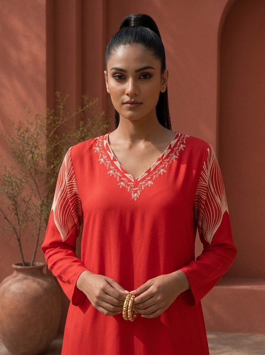 Red Rayon Leaf Panel Printed Two Piece Set