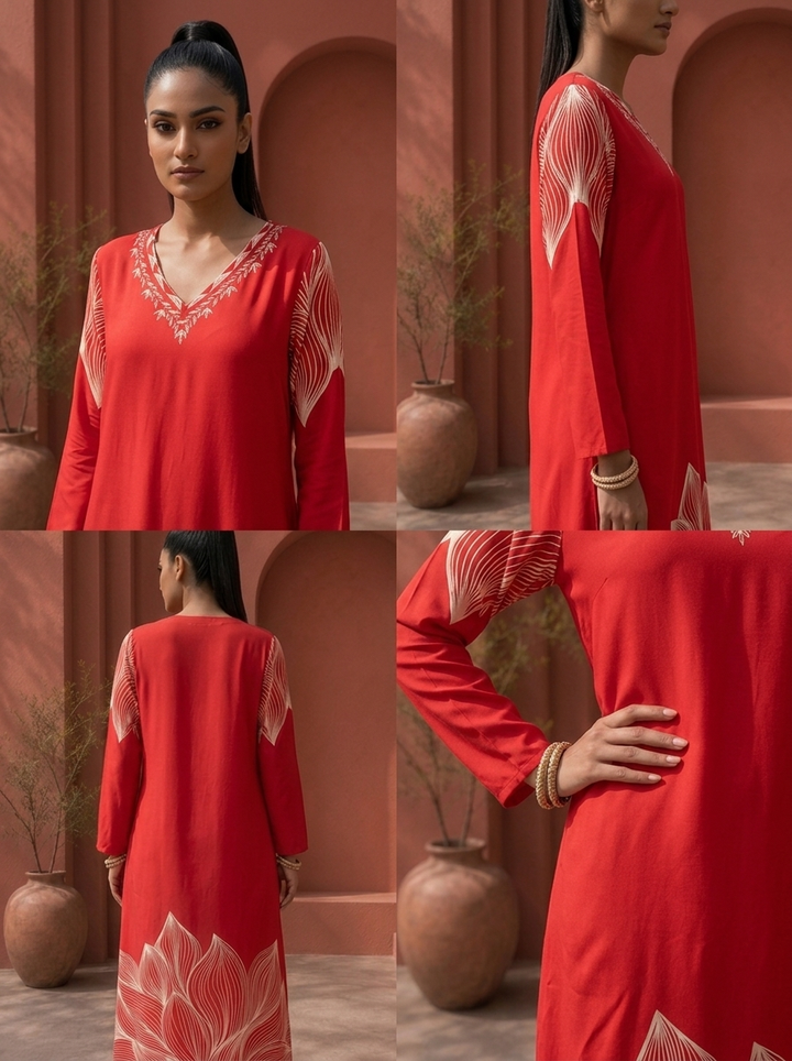 Red Rayon Leaf Panel Printed Two Piece Set