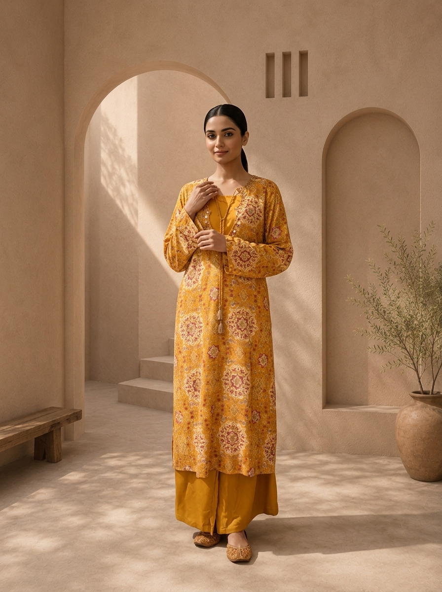 Mustard Rayon Mughal Jaali Digital Printed Two Piece Set