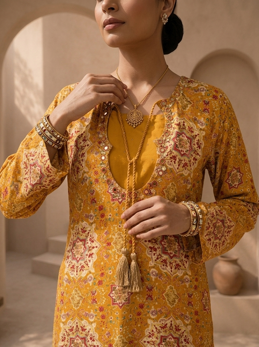 Mustard Rayon Mughal Jaali Digital Printed Two Piece Set