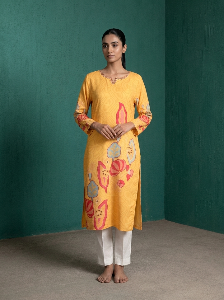Mustard Rayon Abstract Lotus Wave Printed Kurta