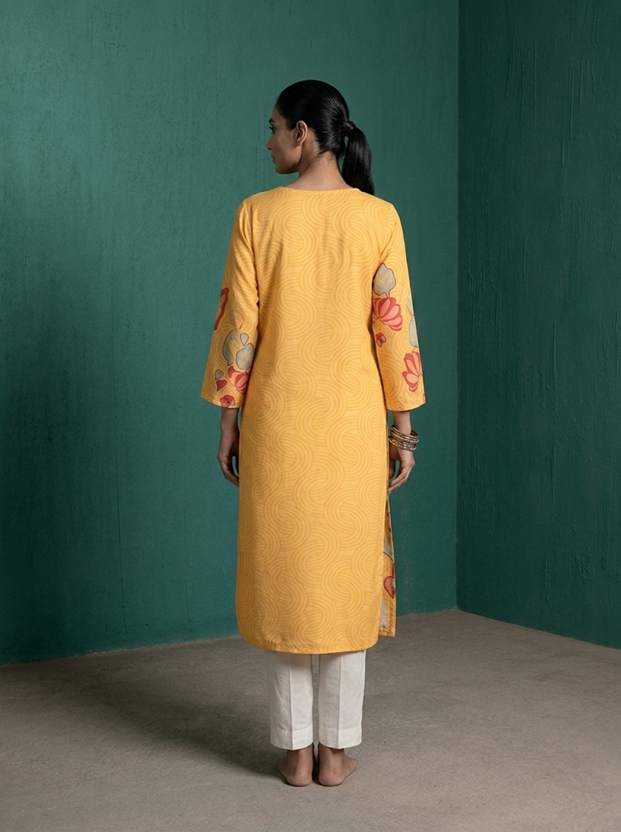 Mustard Rayon Abstract Lotus Wave Printed Kurta